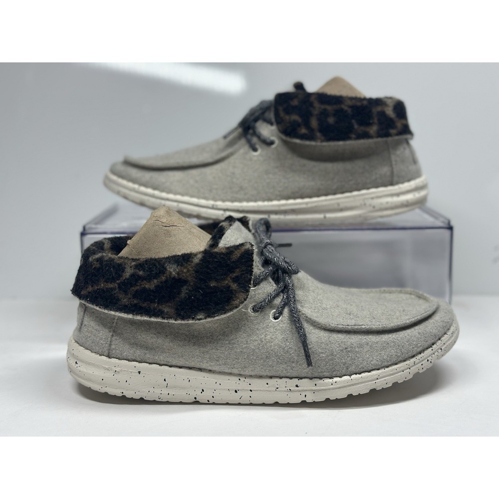 Hey Dude Women's Britt Shoe Size 10 Gray Knit Lace Up Black Cheetah Cuff Sneaker